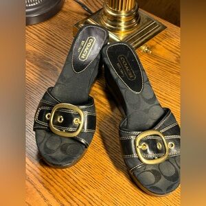 COACH Gretta Logo 🖤 Womens 8M Comfort Slip On 💛Wedge 3" Heel Black Slide Sandal